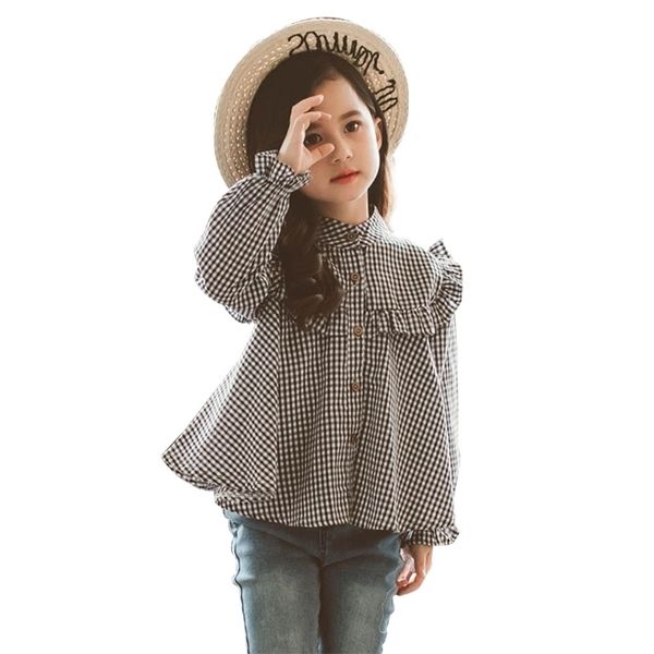 Camisa de primavera menina desenhos animados xadrez plissado infantil crianças blusa outono bonito meninas roupas para 6 8 10 12 14 210331