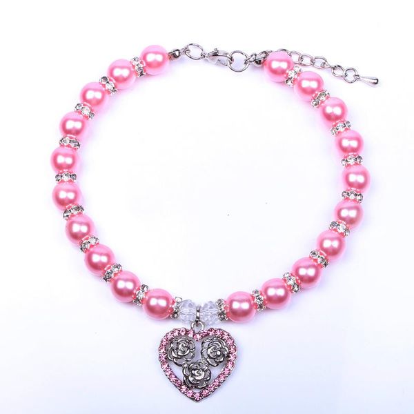 

dog cat pearls necklace collar with rhinestones heart&rose charm pendant pet puppy jewelry accessories for dogs cats collars & leashes