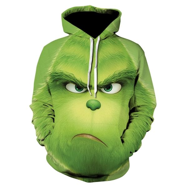 Moletom de Inverno para Homens Grinch Moletom Impresso em 3D Harajuku Estilo Verde Moda Desenhos Animados Pulôver Treino Suéter 211202