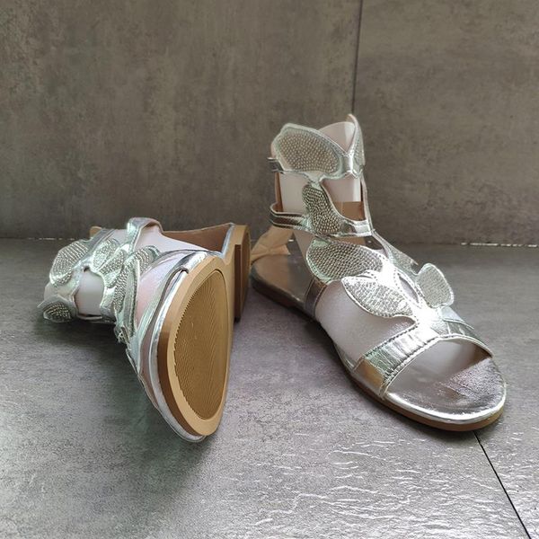 Damen-Sandalen, Kristall, offene Spitze, Silber, Strass, niedriger Absatz, modische Damen, lässig, Schnalle, flach, Slipper, Knöchel, Sandale, Party, Hochzeit, Schuhe