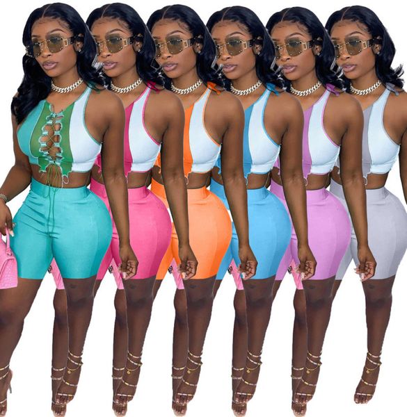 

summer shorts outfits women tracksuits two piece sets designer round neck color contrast splicing strap hollow out sleeveless vest slim 959, Gray