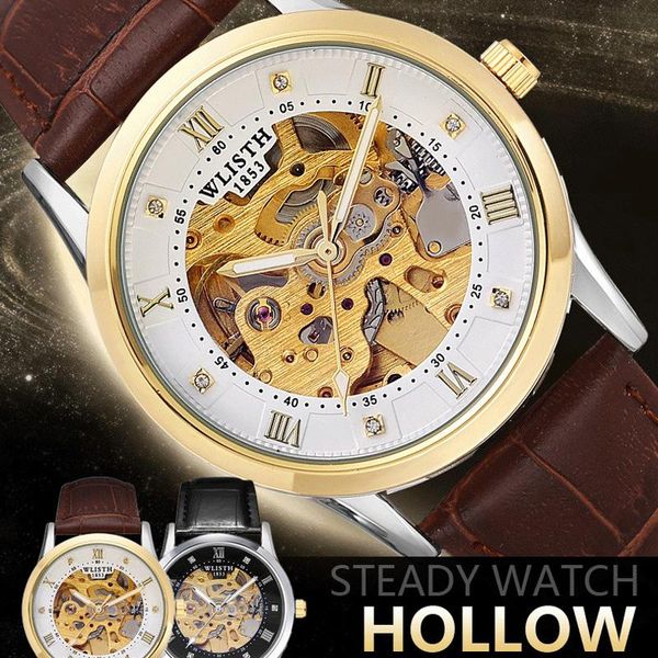

fashion wlisth brand men skeleton gold watch automatic mechanical mens steel waterproof self-winding clock stainless wristwatches, Slivery;brown
