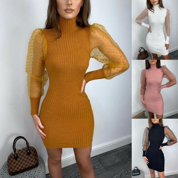 

stock women mesh puff long sleeve mini dress casual party sheer sheath dresses, Black;gray