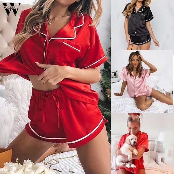 

pajamas sets 2pc pink womens sleepwears short sleeve shorts satin silk pajama set cute sleepwear home pj para mujer, Black;red