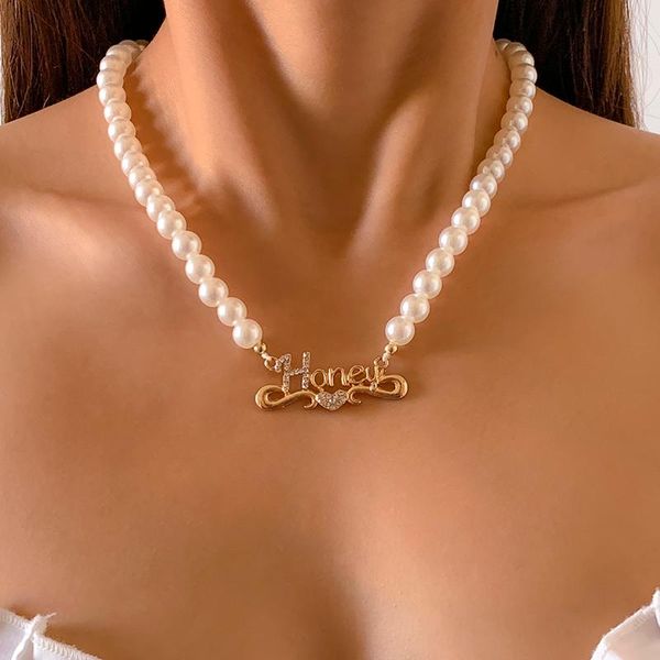 

chokers shixin simple imitation pearl choker necklace for women fashion letter rhinestone heart short necklaces 2021 jewelry gift, Golden;silver