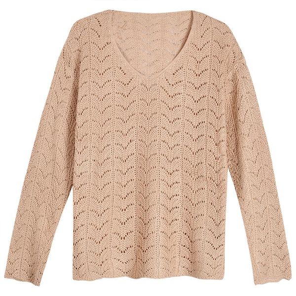 

summer 2021 v-neck pullover knitting shirt women's loose all-match long-sleeved hollow thin coat h00221 sweaters, White;black