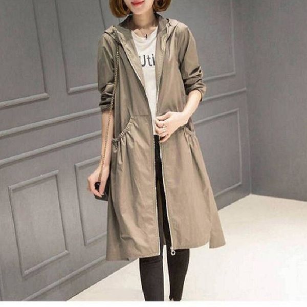 

women's trench coats spring autumn long thin hooded casual pocket windbreakers jacket women waterproof coat female overcoats 4xl 9vea, Tan;black