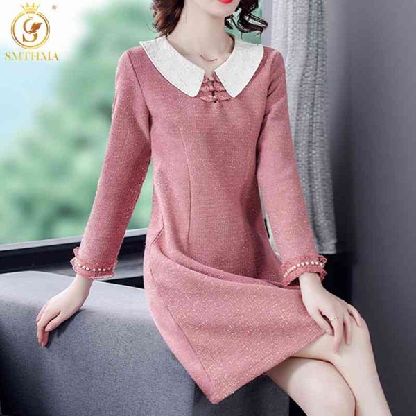 

autumn and winter ladies' temperament long-sleeved woolen shiny pink dress women's knee-length beaded vestidos 210520, Black;gray