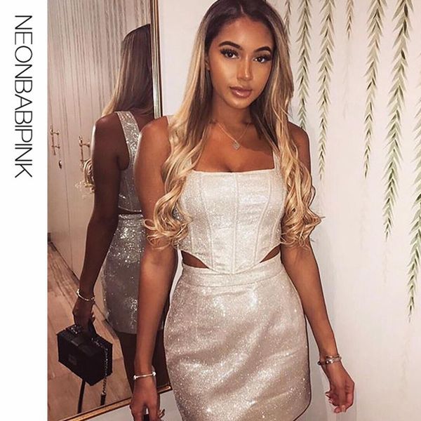 

two piece dress neonbabipink silver shiny club outfits womens clothing skirt set drop 2021 2 matching n55-ae71, White