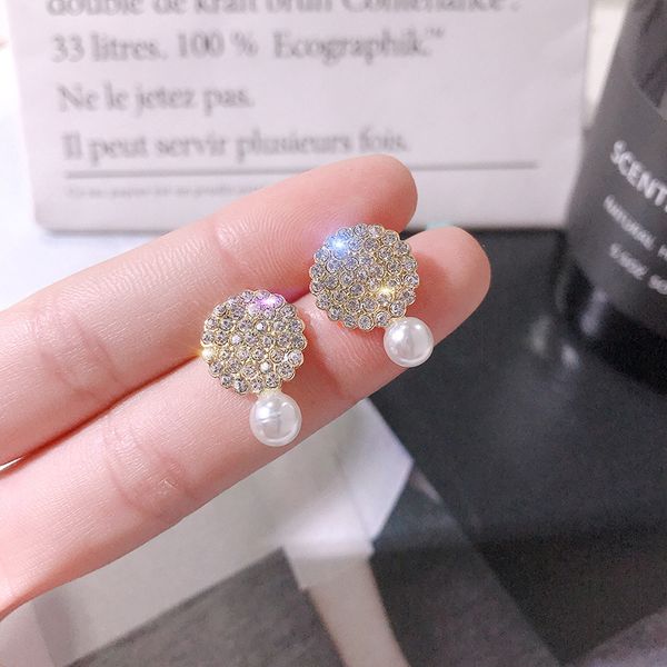 

baroque style fashion simple geometric pearl earrings female round full diamond girl heart temperament short silver earrings, Golden