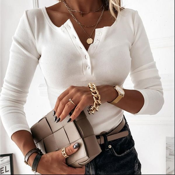 

button tshirts knitted solid color women t shirt slim bodycon long sleeve tee autumn clothing, White