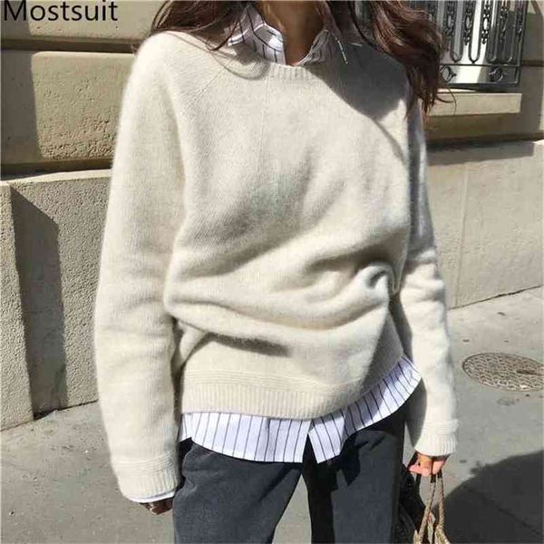

solid casual fashion korean knitted pullover sweater women full sleeve o-neck loose basic classic female jumpers femme 210513, Black