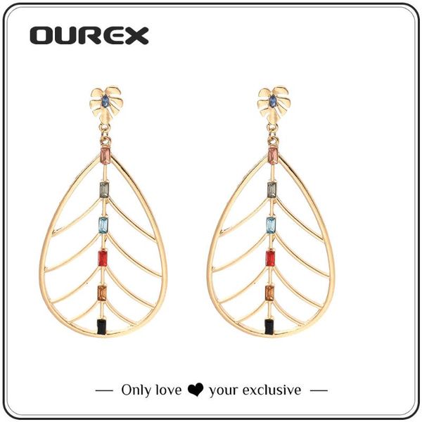 

hoop & huggie ourex 2021 fashion hollow out leaves drop earrings simple design crystal dangle for women party jewelry wholesale, Golden;silver