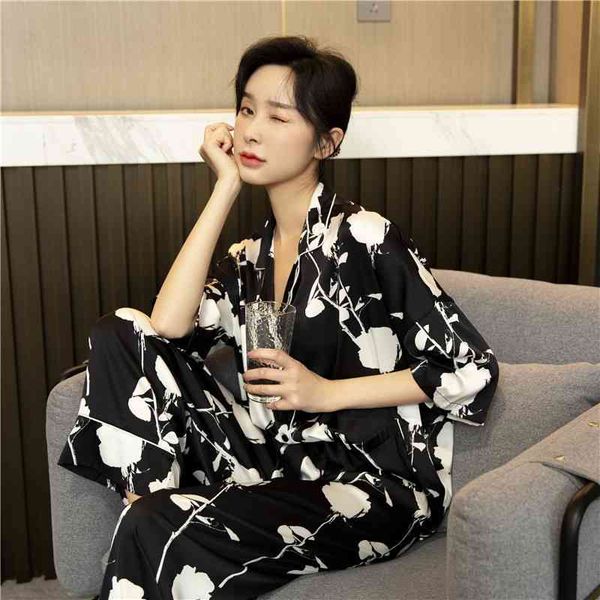 

women's sleepwear black pajamas suit print flower female pyjamas novelty nightwear casual spring 2pcs long sleeve home wear 7, Black;red