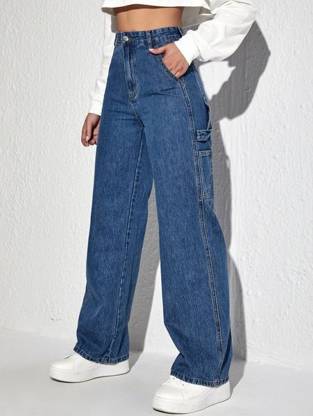 

high waist wide leg jeans a33r#, Blue
