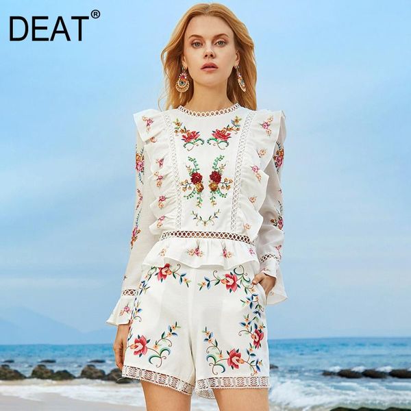

[deat] women white elegant suit long sleeve round neck ruffles shirt printing shorts 2021 summer fashion tide 13c570 women's tracksuits, Gray