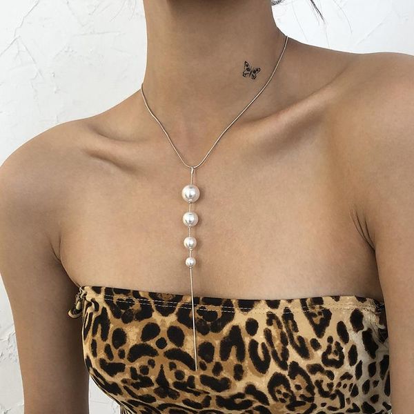 

chains srcoi elegant simulated pearl choker necklaces for women long tassel pendant jewelry party gift accessories 2021, Silver