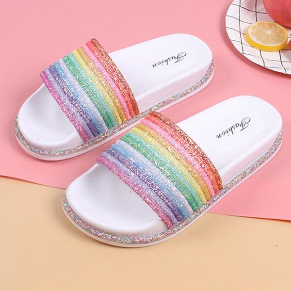

slippers women summer shoes outdoor rainbow platform-bottom casual beach walk anti-slip zapatos de mujer#l35, Black
