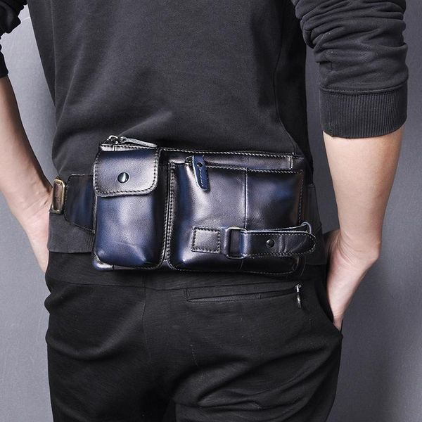

waist bags 2021 trend original leather men fashion blue travel fanny belt bag chest pack sling clutch design phone case male 8135