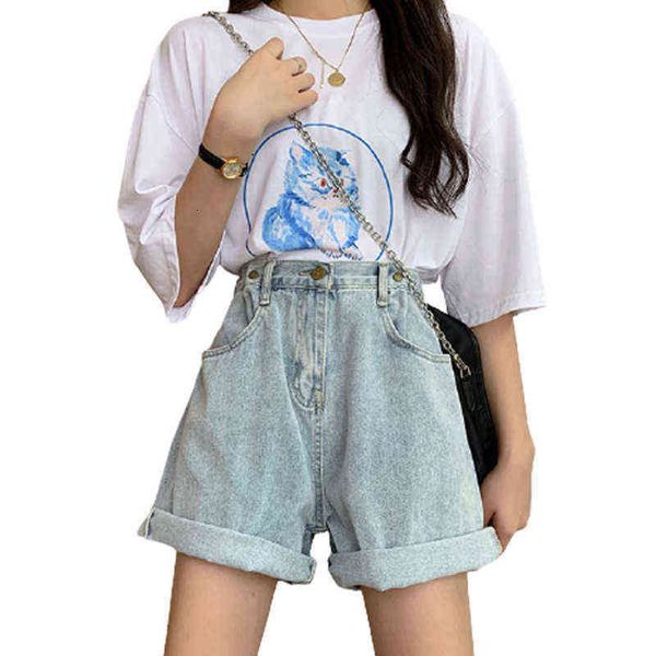 

straight tube thin high waist a-line wide leg summer denim shorts women's, Blue