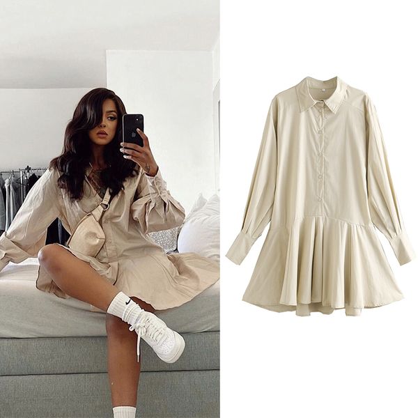 

za office lady women dress cotton autumn shirt dress long sleeve draped a-line mini dresses elegant mujer vestidos, Black;gray