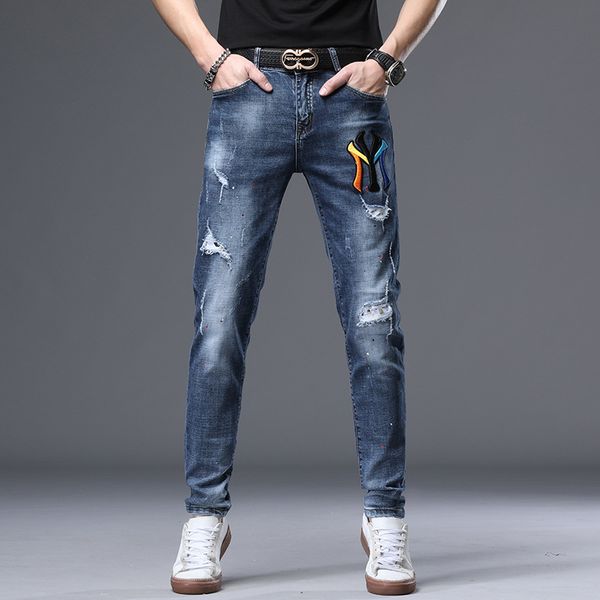 

fashion jeans men's trendy casual pants hole embroidery youth slim, Blue