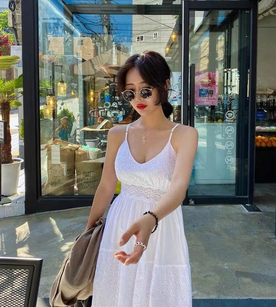 

casual dresses 2021 arrivals s seaside v-neck pleated ruffles white long maxi dress hollow out lace up comfort for summer, Black;gray