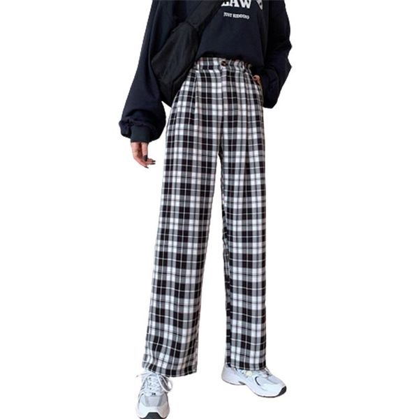 

korean style long pants plaid fashion streetwear women plus size casual high waist trouser female vintage wide leg ladies women's & cap, Black;white