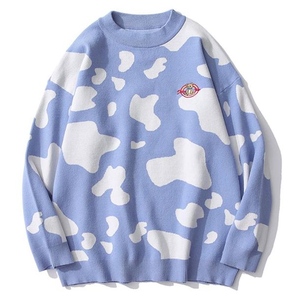 

men's sweaters cow print sweater streetwear harajuku casual knitted men 2021 autumn hip hop loose couple pullover blue white, White;black