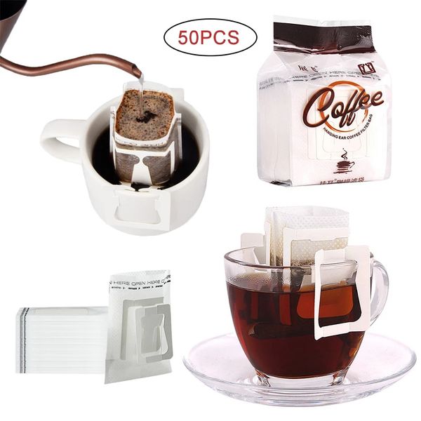 50 adet Damla Kahve Filtreleri Çanta Taşınabilir Asılı Kulak Tarzı Kahve Filtreleri Kağıt Ev Ofis Seyahat Brew Coffeeware ve Çay Araçları 210331