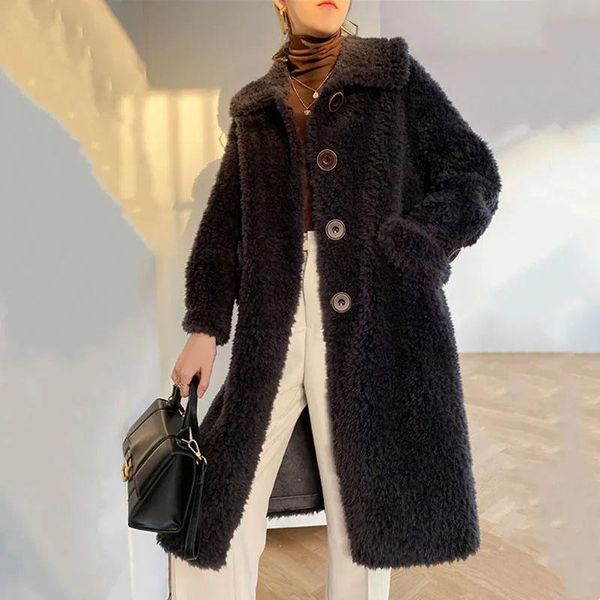 

women's fur & faux women 2021 winter fashion long granular sheep shearing coats female real lamb outwear ladies solid casual jackets a5, Black