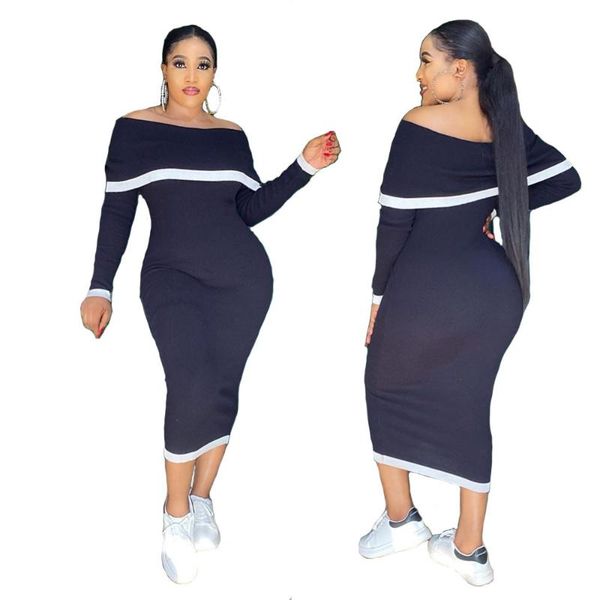 

casual dresses off shoulder long sleeve dress women slash black color stripe knitted fabric fashion fall autumn streetwear 2021, Black;gray