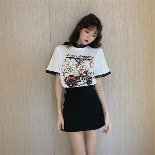 

spring women's short sleeve t-shirt loose design sense lace stitching in xinji summer y991, White