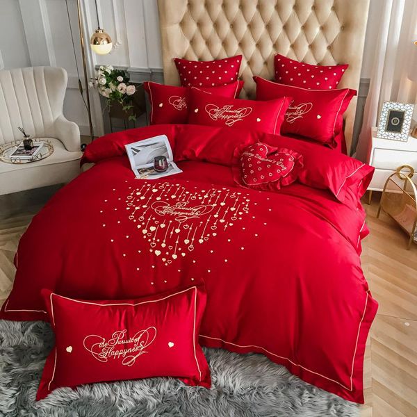 

bedding sets romantic wedding marry love cotton set  king quilt cover pillowcase flat bed sheet bedspreads bedclothes bedroom