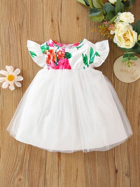 

baby floral print ruffle trim mesh hem dress she, Red;yellow