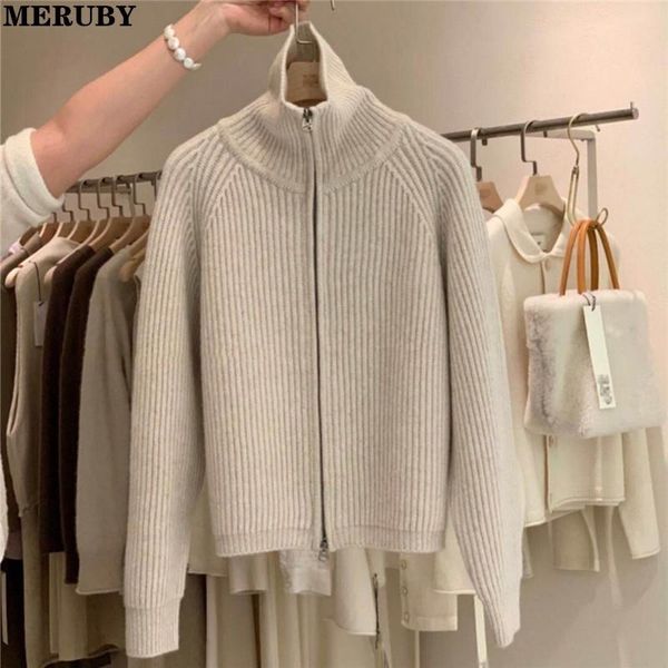 

women's knits & tees zip-up knitted cardigan sweater women full sleeve turn-down collar solid jumpers casual fashion chic female 2021, White