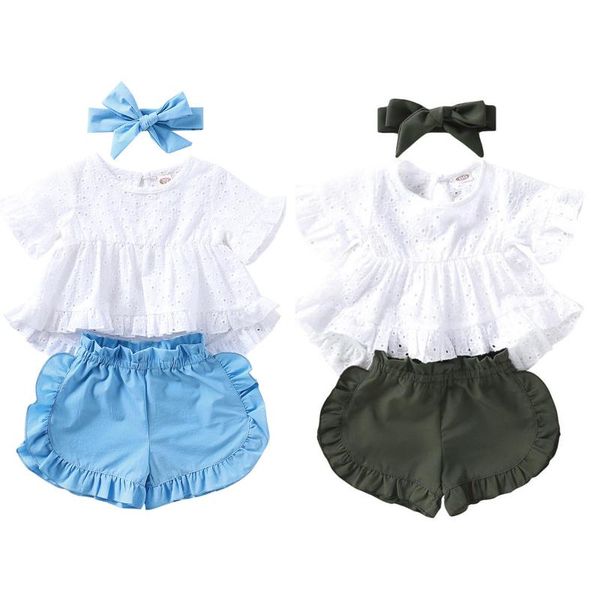 

clothing sets 3m-3y children born infant baby girls lace t shirt solid frill ruffle shorts outfits bow hairbands set kleding meisje 5*, White