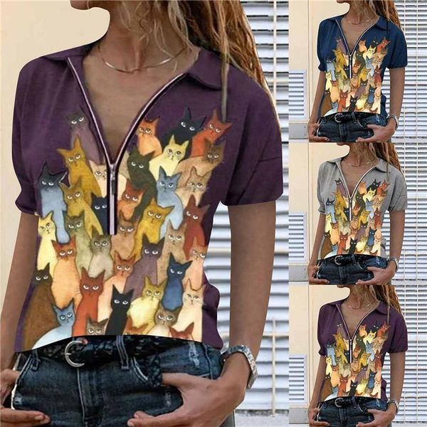 

cat print zipper lapel short-sleeved shirt graphic tee women's t-shirt, White