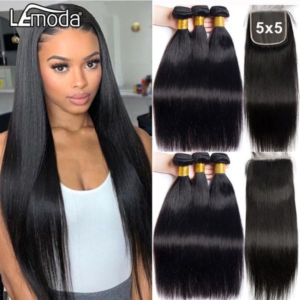 

human hair bulks straight bundles with closure 5x5 transparent lace frontal brazilian lemoda remy weave extension, Black