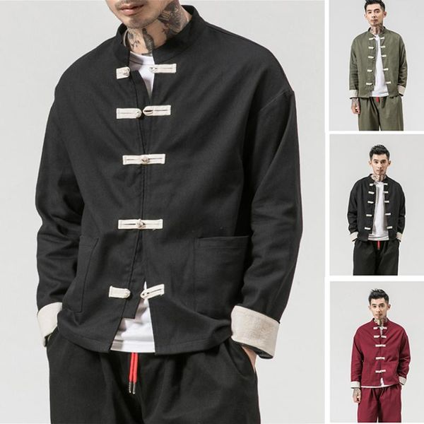 

ethnic clothing traditional chinese man tang suit solid color stand collar mandarin buckle long sleeve jacket oriental coat, Red