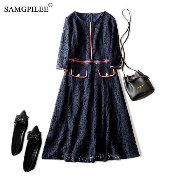 

dress for women 2021 office lady a-line solid three quarter lace o-neck crocheted slim temperament woman dresses 4xl casual, Black;gray
