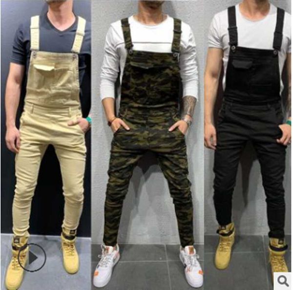 

fashion men's suspenders denim jumpsuit tear trousers trade overalls pants, Black
