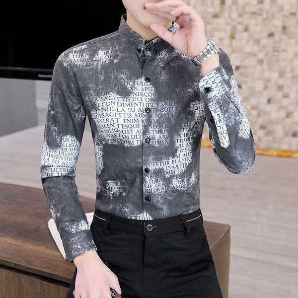 

spring velvet men shirts long sleeve casual shirt fashion letter printed formal business dress shirts male clothing camisa 210527, White;black