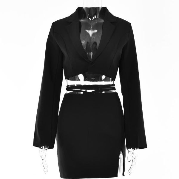 

two piece dress fashion long sleeve high waist single breasted skirt suit, White