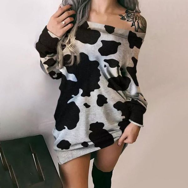 

casual dresses fashion women cow tie-dye printed long sleeve party club mini dress off-the-shoulder sweatshirts vestidos#35, Black;gray