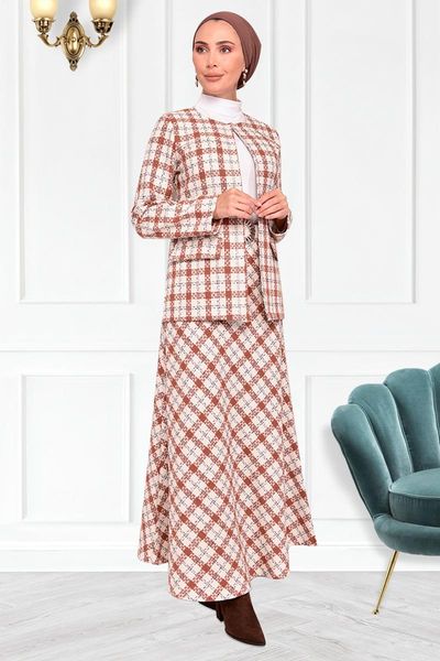 

ethnic clothing ekose desen etekli kombin kiremit nev14786, Red