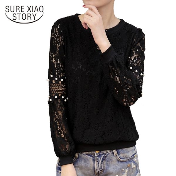 

spring casual long sleeve women's clothing beading lace hook flower shirt blouse o-neck blusas d249 30 210521, White