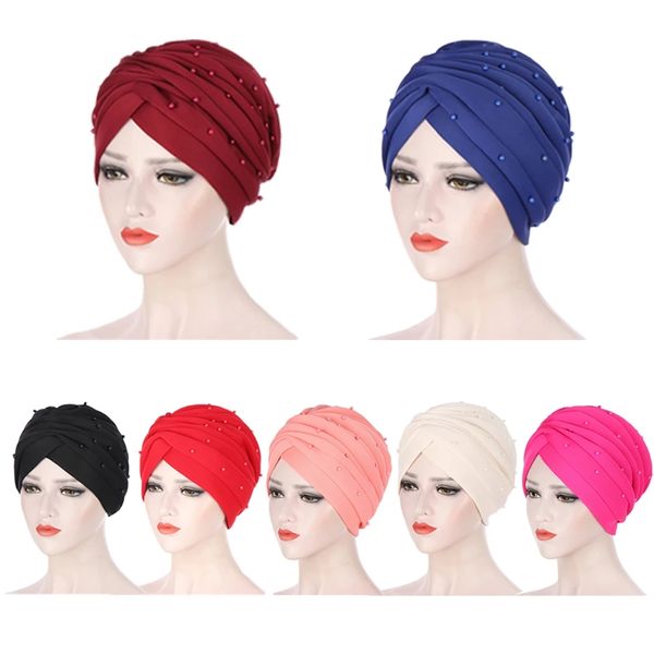 Индия Турбан мусульманские женщины Hijab головы шарф шарф бисера хеджаб шапка выпадение волос рак капота головные уборы шансы шляпа исламская крышка сплошной цвет