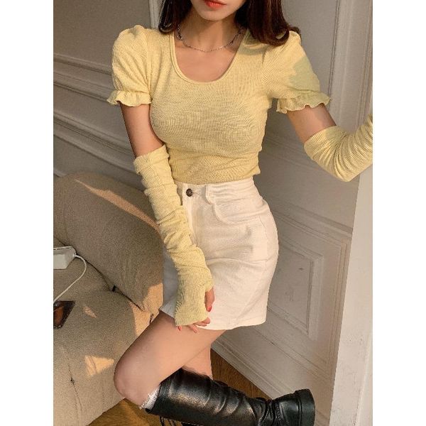 

women's t-shirt yellow crop o-neck ladies puff sleeve korean clothes female tees long summer for women 2021 fashion brand, White