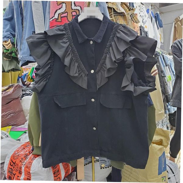 

women's vests seebeautiful loose ruffles spliced denim vest lapel sleeveless single breasted pockets women autumn 2021 fashion tide g37, Black;white